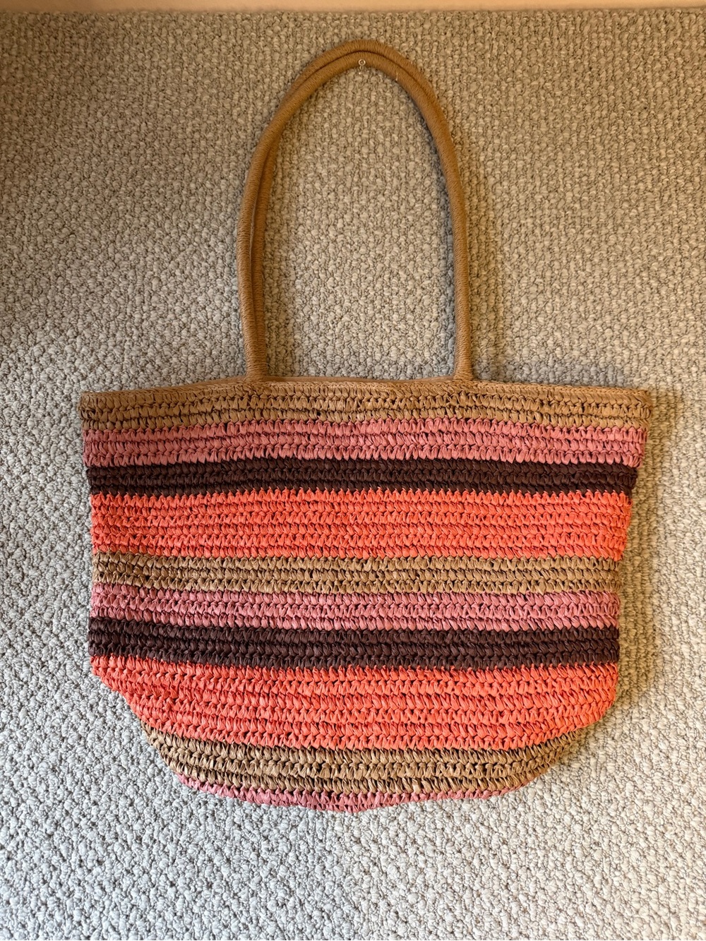 Striped Boho Straw Tote Bag Peach Pink Coral Beach Market Shoulder Bag